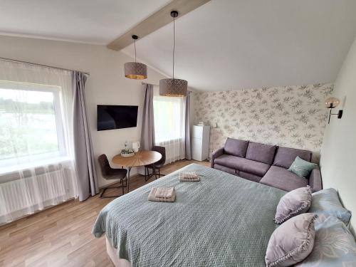 a bedroom with a bed and a couch and a table at Viesu nams ADLERI in Saldus