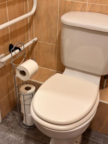 a bathroom with a toilet and a roll of toilet paper at Enjoy city living in this one-bedroom flat, complete with a balcony and secure parking in Birmingham city center in Birmingham