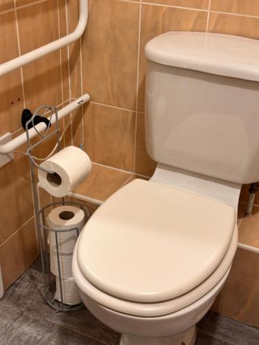 a bathroom with a toilet and a roll of toilet paper at Enjoy city living in this one-bedroom flat, complete with a balcony and secure parking in Birmingham city center in Birmingham