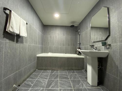 a bathroom with a sink and a tub and a mirror at Benikea Daelim Hotel in Daejeon