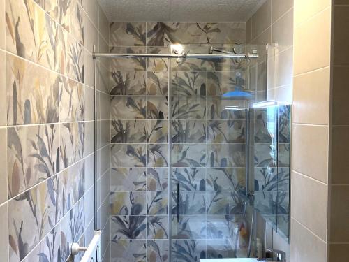 une salle de bain avec douche aux carreaux bleus et blancs dans l'établissement T2 avec Wifi, grande terrasse exposée sud, à 500m de la plage - FR-1-92-924, à Les Sables-dʼOlonne