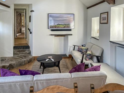 a living room with a couch and a tv on a wall at Priory Stile in Haverfordwest
