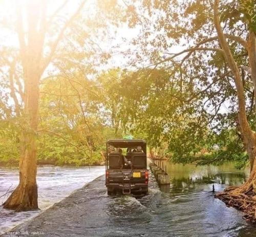 a jeep driving through a river in the water at Wilpattu Green Cabin in Achchamulai