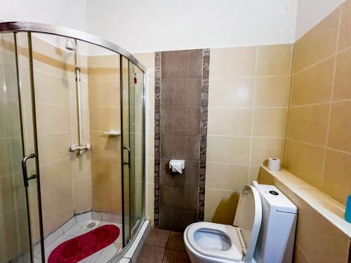 a bathroom with a shower and a toilet at Shanzu Oceanfront Apartments and Suites in Mombasa