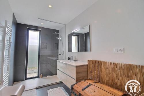 a bathroom with a sink and a shower and a mirror at Les belles vues d'erquy in Erquy