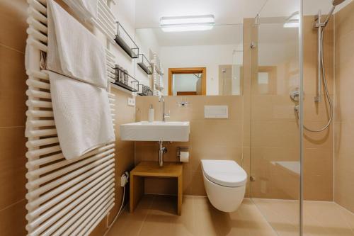 a bathroom with a toilet and a sink and a shower at Landhaus Valfontana in Vandans