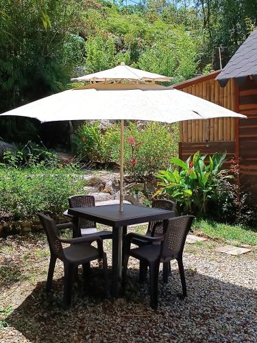 a black table with chairs and an umbrella at Cabaña Momotus II in Concepción