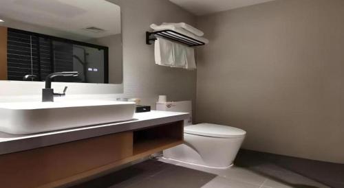 a bathroom with a white sink and a toilet at Green Tree Inn Luoyang Fenghuang Mansion Mudan Square Metro Station in Luoyang