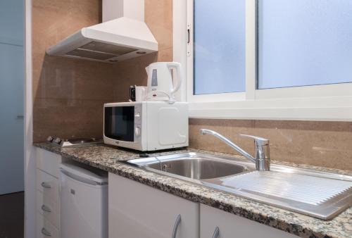 a kitchen with a sink and a microwave at Aparthotel Atenea Calabria in Barcelona