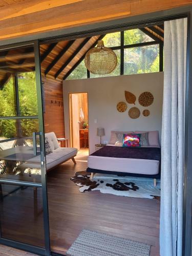 a bedroom with a bed and a couch and windows at Cabaña Momotus II in Concepción