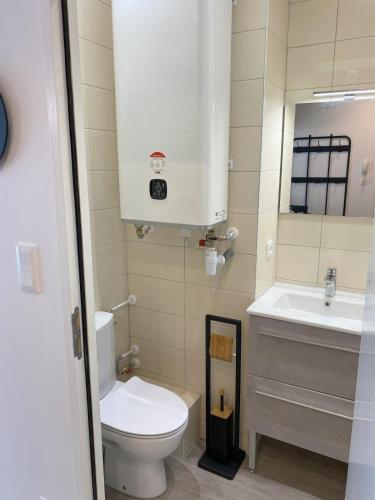 a bathroom with a white toilet and a sink at Logement Neuf Cosy avec Espaces Communs Premium 01 in Belfort