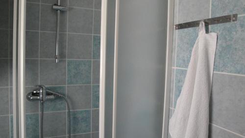 La salle de bains est pourvue d'une douche et d'une serviette blanche. dans l'établissement Authentic traditional Soca Valley home, à Kanal