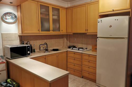 a kitchen with wooden cabinets and a white refrigerator at Blue and Green in Neos Marmaras