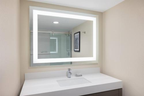 a bathroom with a white sink and a mirror at Ramada Plaza by Wyndham Orlando Resort & Suites Intl Drive - Newly Renovated! in Orlando