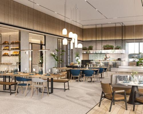 a rendering of a restaurant with tables and chairs at Hyatt Place Ha Long Bay, Bai Chay in Ha Long