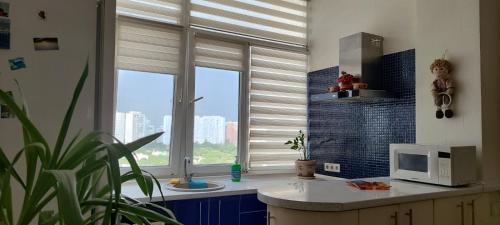 a kitchen with a window with a microwave on a counter at уют in Dobrovelychkivka