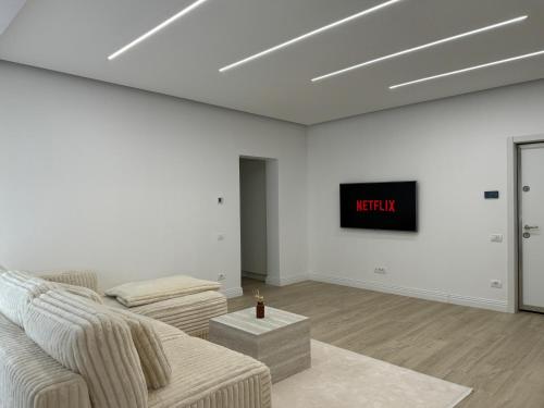 蒂米什瓦拉Milo Residence的客厅里有一张沙发，墙上有一台电视