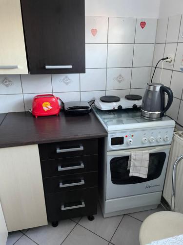 a kitchen with a stove with a tea kettle on it at Paulo in Golenice