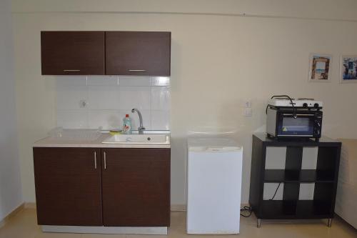 a small kitchen with a sink and a microwave at Kripis Studio Paliouri in Paliouri