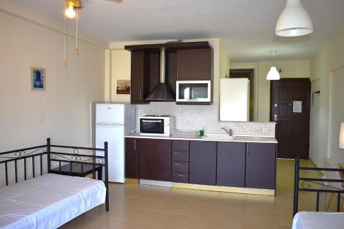 a kitchen with a bed and a sink and a refrigerator at Kripis Studio Paliouri in Paliouri
