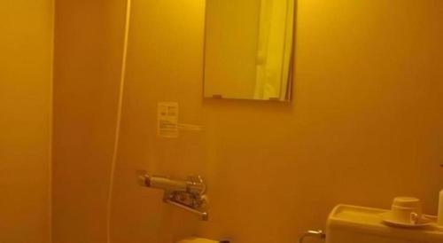 a bathroom with a shower with a mirror and a toilet at Espoir Misawa in Hakuba