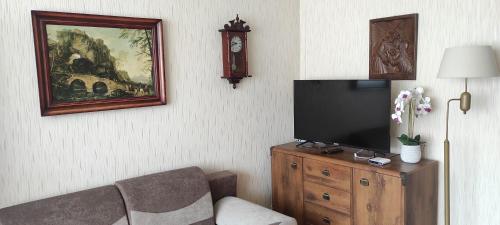 a living room with a television on a wooden dresser at Apartament z widokiem na góry in Ząbkowice Śląskie