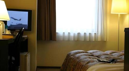 a hotel room with a bed and a television at Alpha Hotel Tokushima in Tokushima