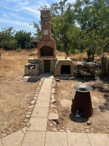 an outdoor brick oven in a field with trees at Camping Casa Lipoveanului in Chilia Veche
