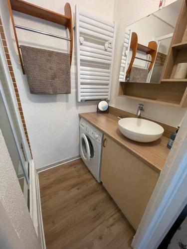une salle de bain avec une machine à laver et un lavabo dans l'établissement SOL Y MAR Location 4 personnes St Cyprien 2 étoiles FNAIM, à Saint-Cyprien