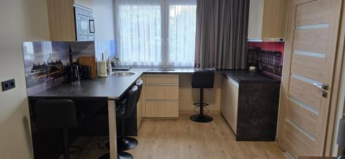 a kitchen with a black counter and a sink at Metropolis Apartamenty Centrum in Kalisz