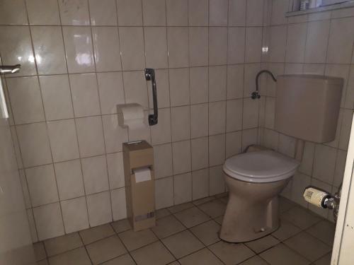 une salle de bain avec toilettes dans une pièce carrelée dans l'établissement Galgenberg1, à Neuruppersdorf