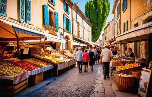 a group of people walking through an outdoor market at Studio Coeur De Ville in Solliès-Pont