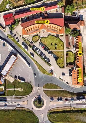 an overhead view of an intersection with cars on a street at Hotel Zámeček in Mikulov