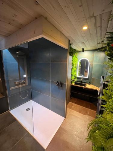 a shower with a glass door in a bathroom at Romantic home spa in Laveline-devant-Bruyères