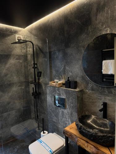 a bathroom with a sink and a shower and a toilet at Sky Space Slavske Котеджі в горах з теплим басейном in Slavske