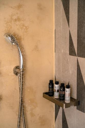 a shower with two bottles on a shelf in a bathroom at Limeni Village in Limeni