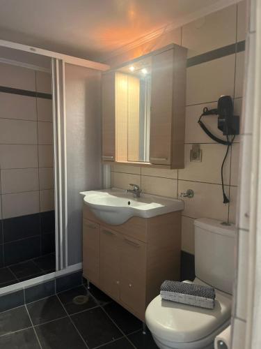 OlýmpoiにあるStone Olympi Lodges - Chios Cozy Hideawaysの白い洗面台とトイレのあるバスルーム