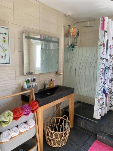 a bathroom with a sink and a shower at Maison propre et calme à 5 min du Futuroscope in Chasseneuil-du-Poitou