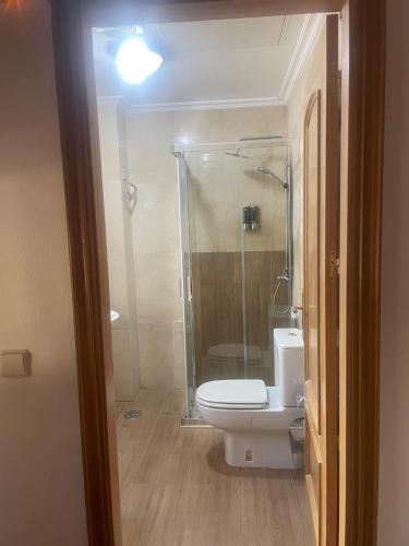 a bathroom with a toilet and a glass shower at Las 5 Bes- Estudio bed&breakfast in Valladolid