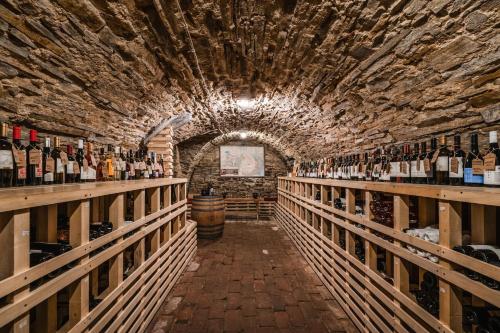 a wine cellar filled with lots of bottles of wine at Dwór Kombornia - Folwark in Kombornia