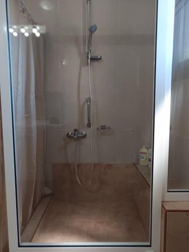a shower in a bathroom with a glass door at Villa Eleni in Kypséli