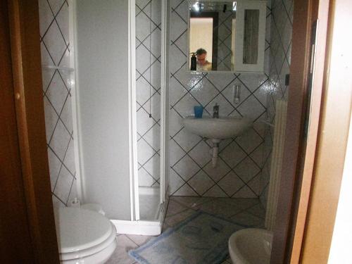 a bathroom with a sink and a toilet and a mirror at Agriturismo La Bordiga in Paesana