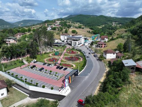 an aerial view of a town with a road at Aqua Raj ND in Novi Pazar