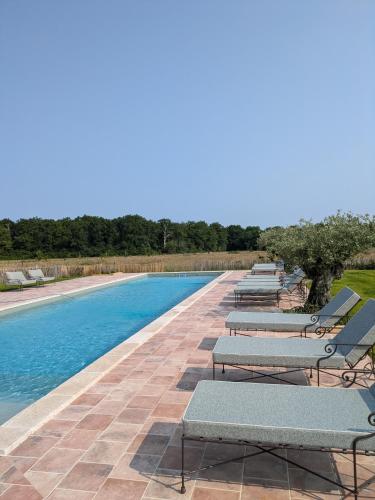 une rangée de chaises longues à côté d'une piscine dans l'établissement FERME DU POIRIER, Piscine & Spa, à Isdes
