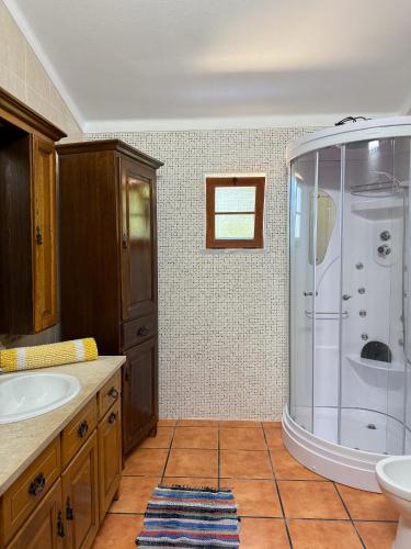 a bathroom with a shower and a sink at Monte dos Touris in Santiago do Cacém