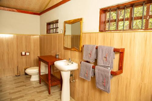 a bathroom with a sink and a toilet at Oxpecker Safari Lodge 