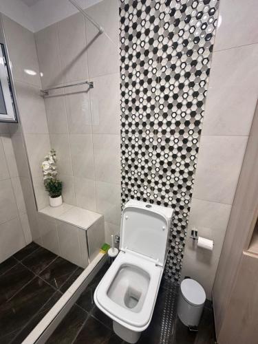 a small bathroom with a toilet and a shower at Ktima Lena in Órmos