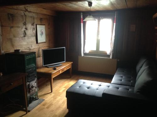 a living room with a couch and a television at Appartement La Croix in Villarvolard