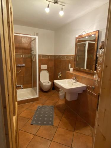 a bathroom with a toilet and a sink and a shower at Ferienweingut Schlägel in Bremm