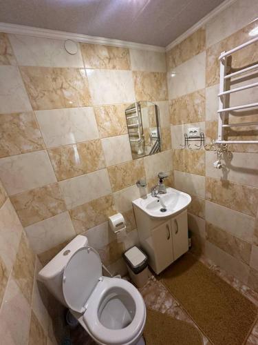 a bathroom with a toilet and a sink at Родинна оселя in Slavske